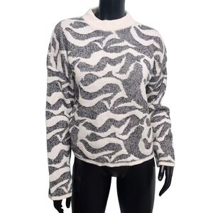 90s Adele Knitwear Womens Black White Animal Print Graphic Crew Neck Sweater USA